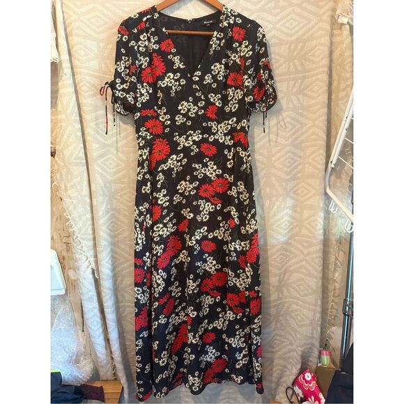 Madewell Floral Print Midi Dress Short Sleeve Tie Detail Black Red‎ Casual - Picture 5 of 13